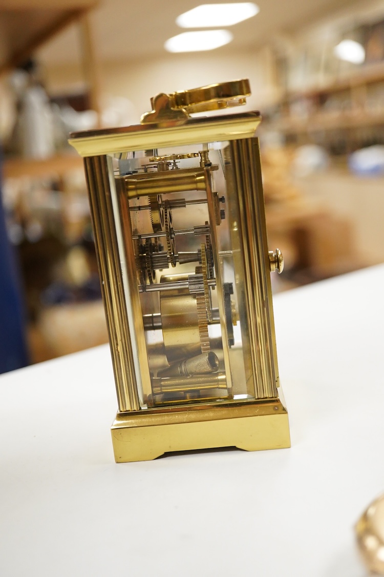 Two carriage clocks including a Jaeger LeCoultre(a.f), a 935 white metal fob watch, a gold plated open faced pocket watch, a 935 white metal 'The Westfield Lever' open faced pocket watch and a small quantity of watch key